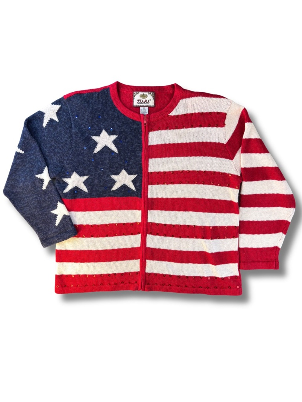 VTG Tiara American Flag Zip Cardigan Sweater XL Patriotic USA Stars & Stripes